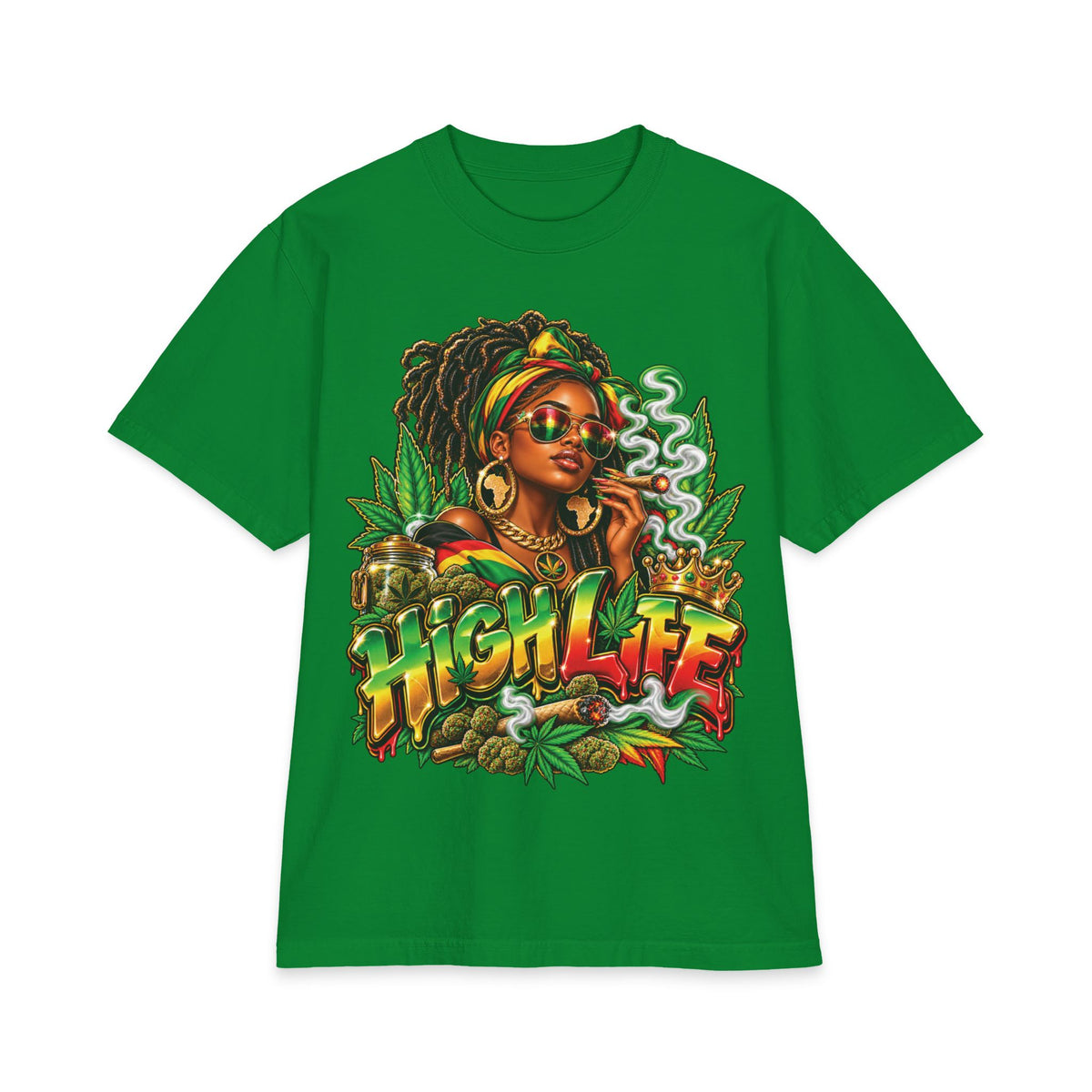 Detrpit 420 High Life Rasta Black Woman T-Shirt | Cannabis Reggae Vibes, Smoking Art