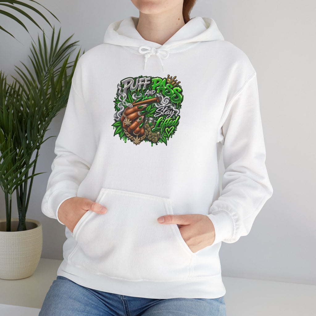 Puff Pass Stay Lifted Hoodie | Cannabis Leaf, Smoky Hand Illustration