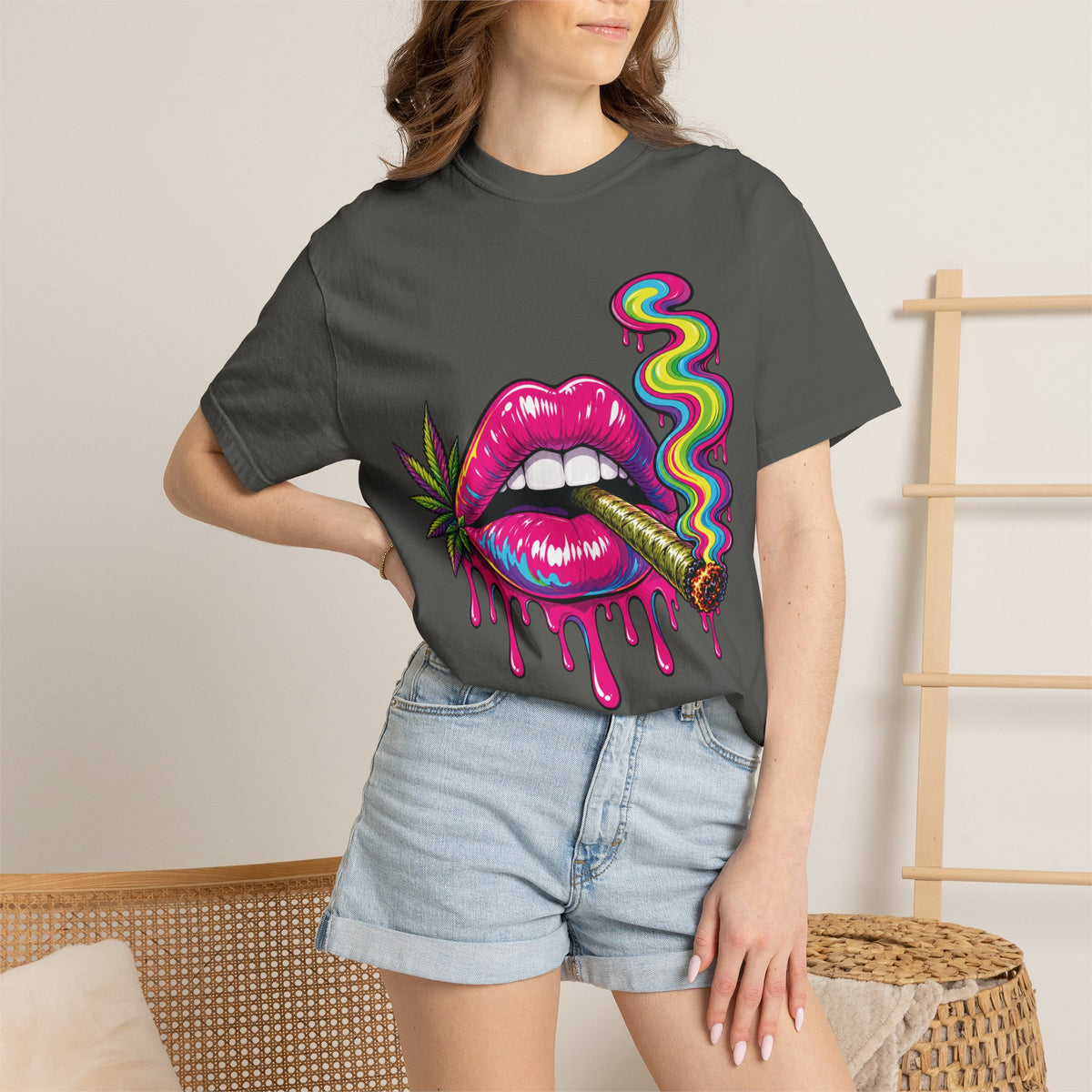 Dripping Rainbow Lips Smoking Joint T-shirt | Cannabis Art