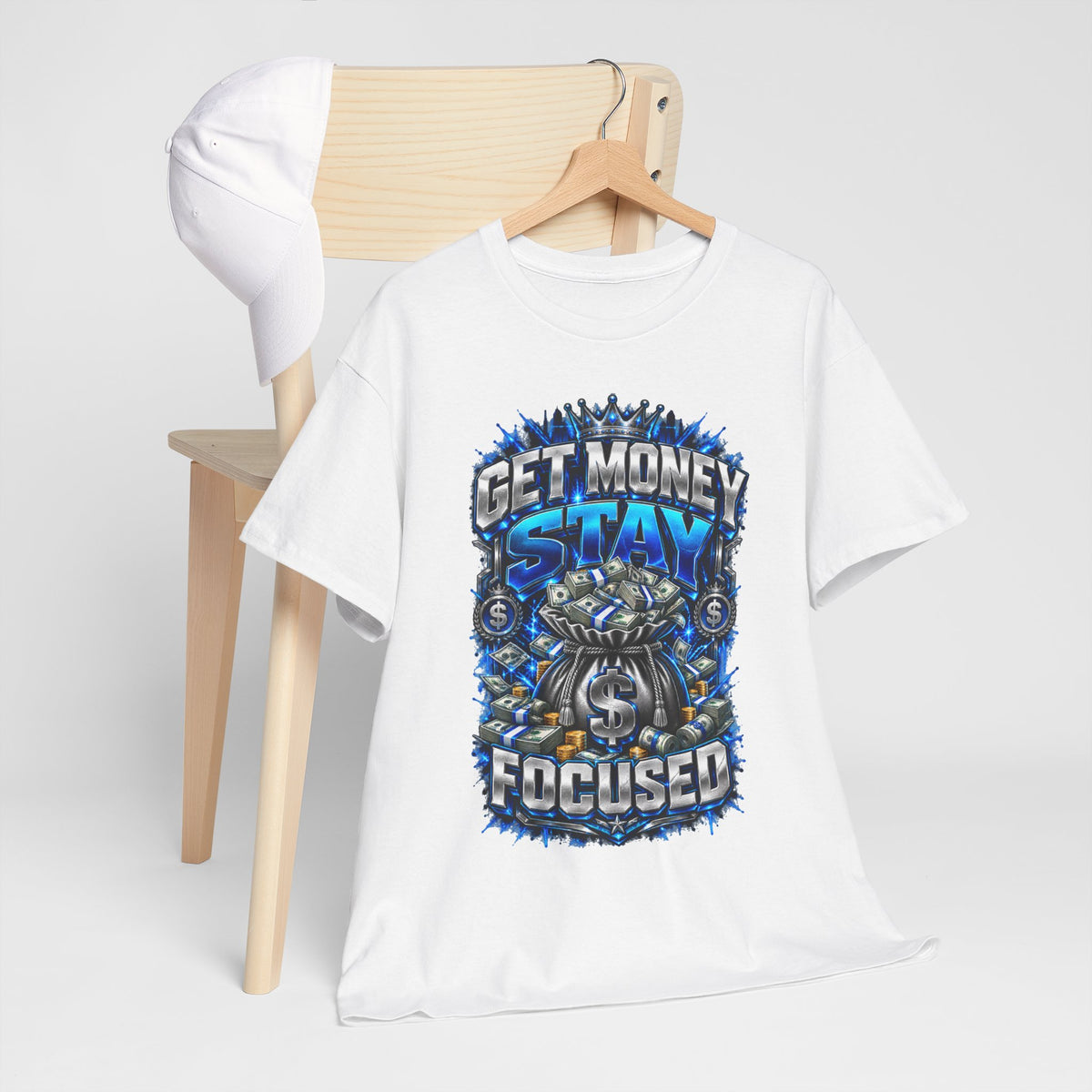 Get Money Stay Focused T-Shirt | Money Skull Graphic, Blue Typography