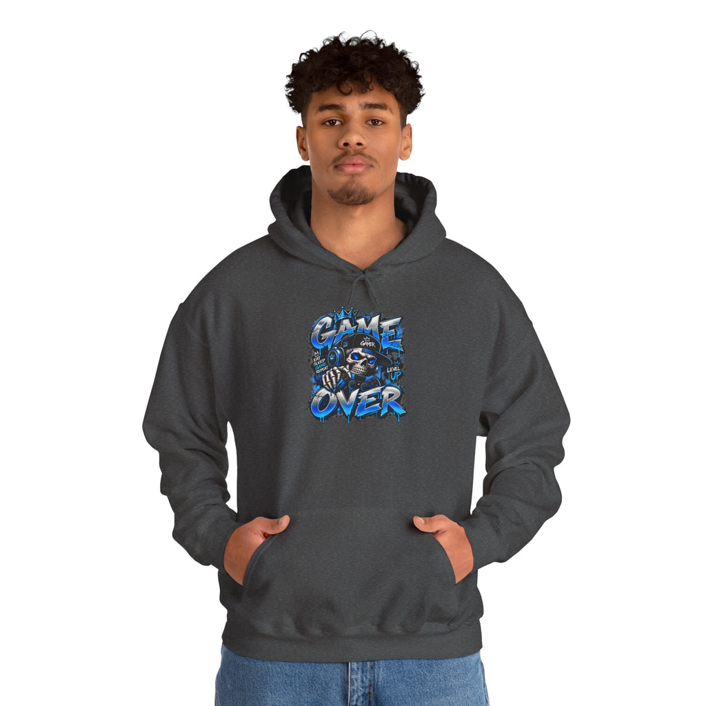 Game Over Skull hoodie | Gaming Graphic Sweatshirt, Blue Grunge Design
