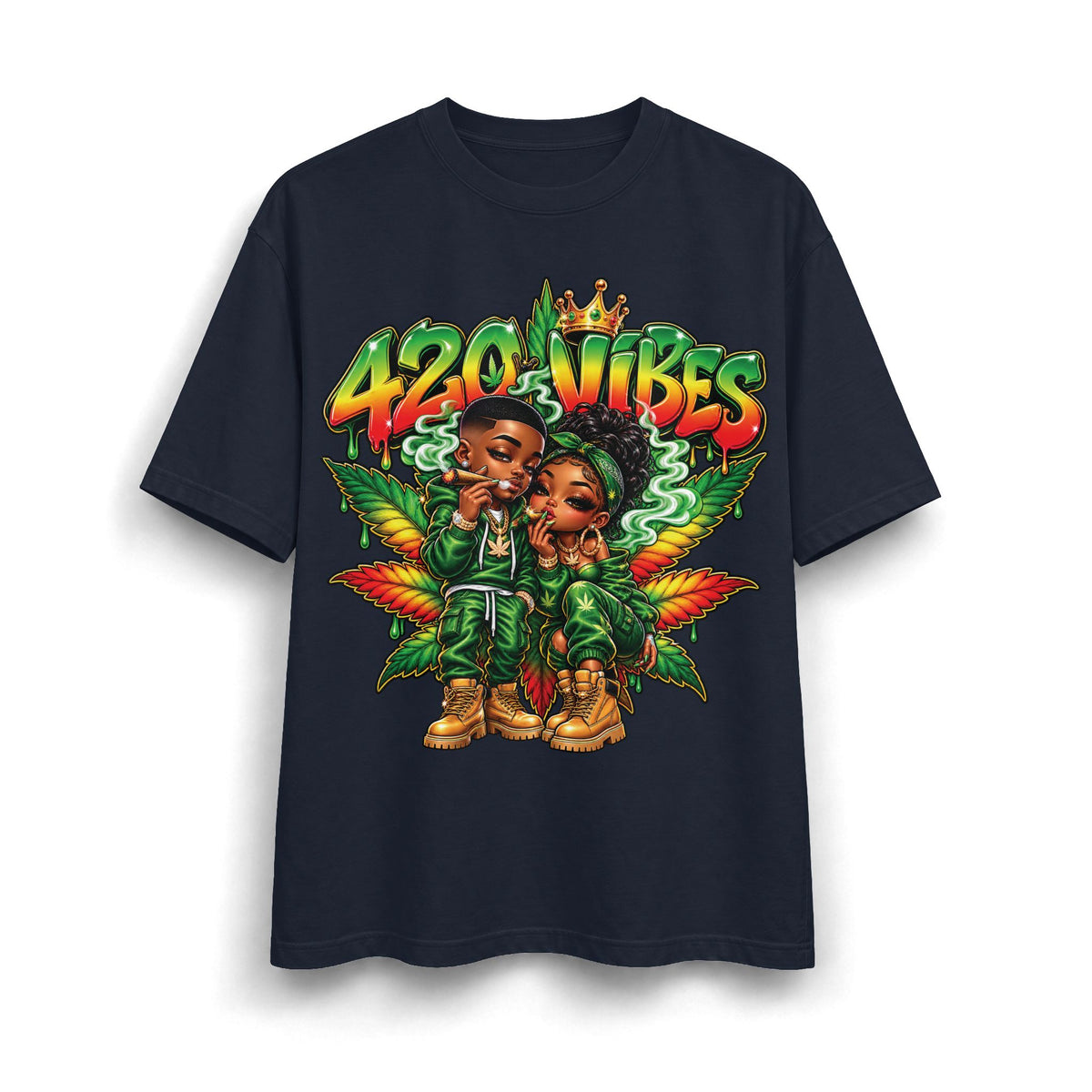 Detroit 420 Vibes Cartoon Couple T-Shirt | Cannabis Leaf Street Art Tee