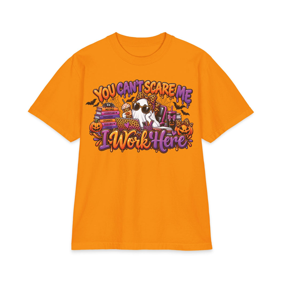 You Cant Scare Me I Work Here T-Shirt | Halloween Cow Pumpkin Graphic