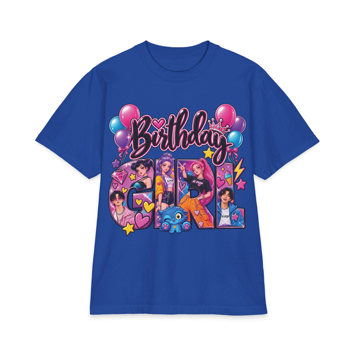 Kpop Hunter Demon Birthday Girl T-Shirt | Colorful Cartoon Letters, Balloons & Characters
