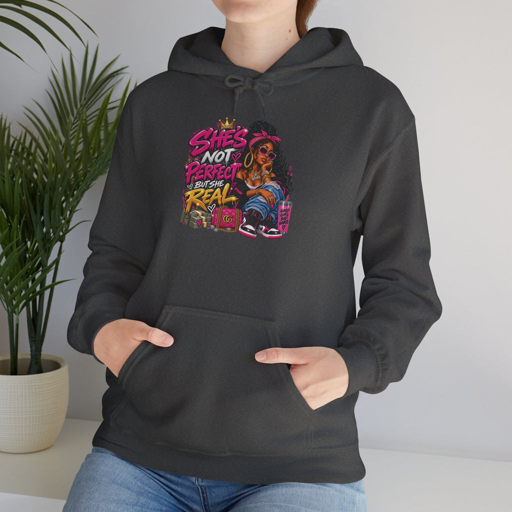 Shes Not Perfect Real AF hoodie | Retro Neon Girl Graphic Hoodie