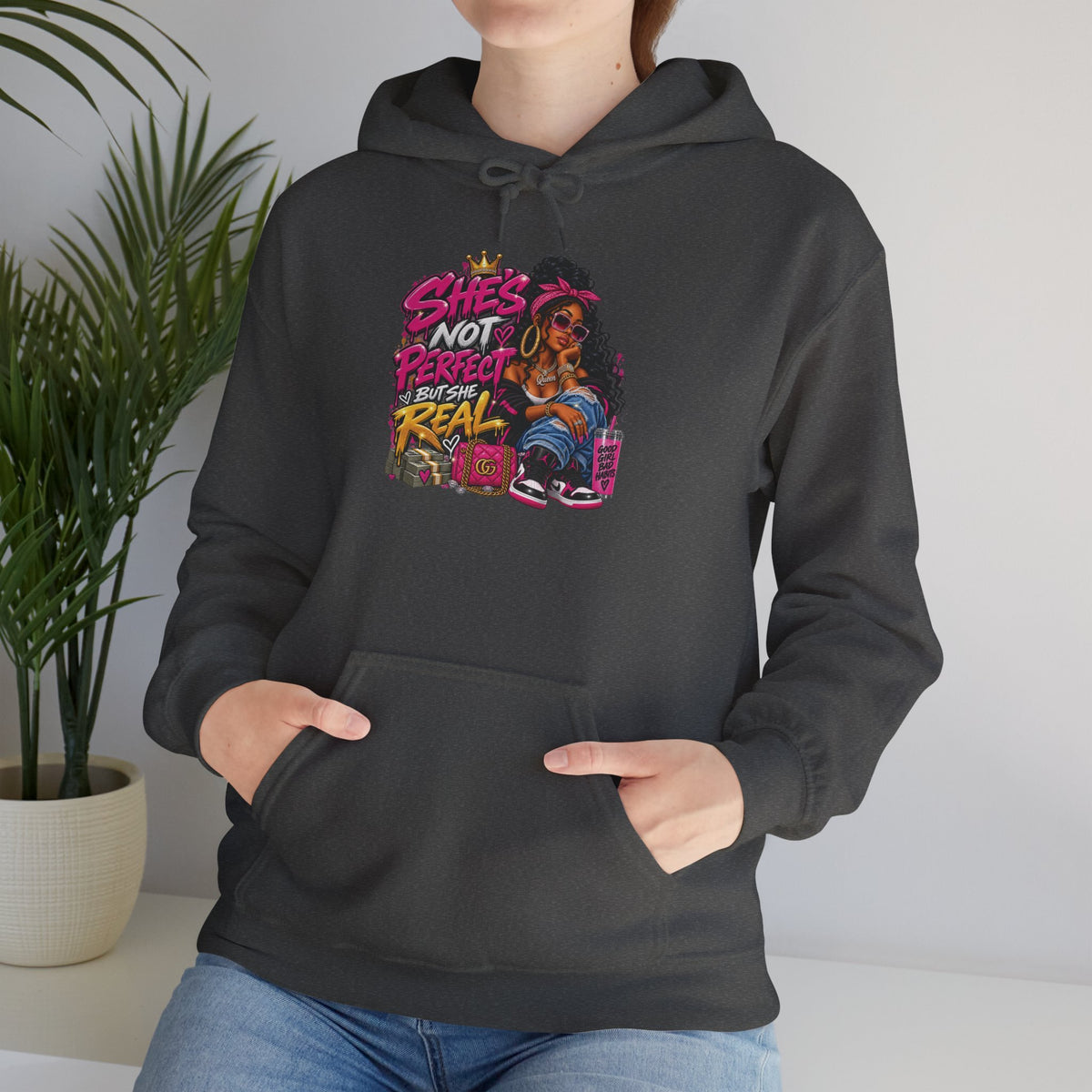 Shes Not Perfect Real AF hoodie | Retro Neon Girl Graphic Hoodie