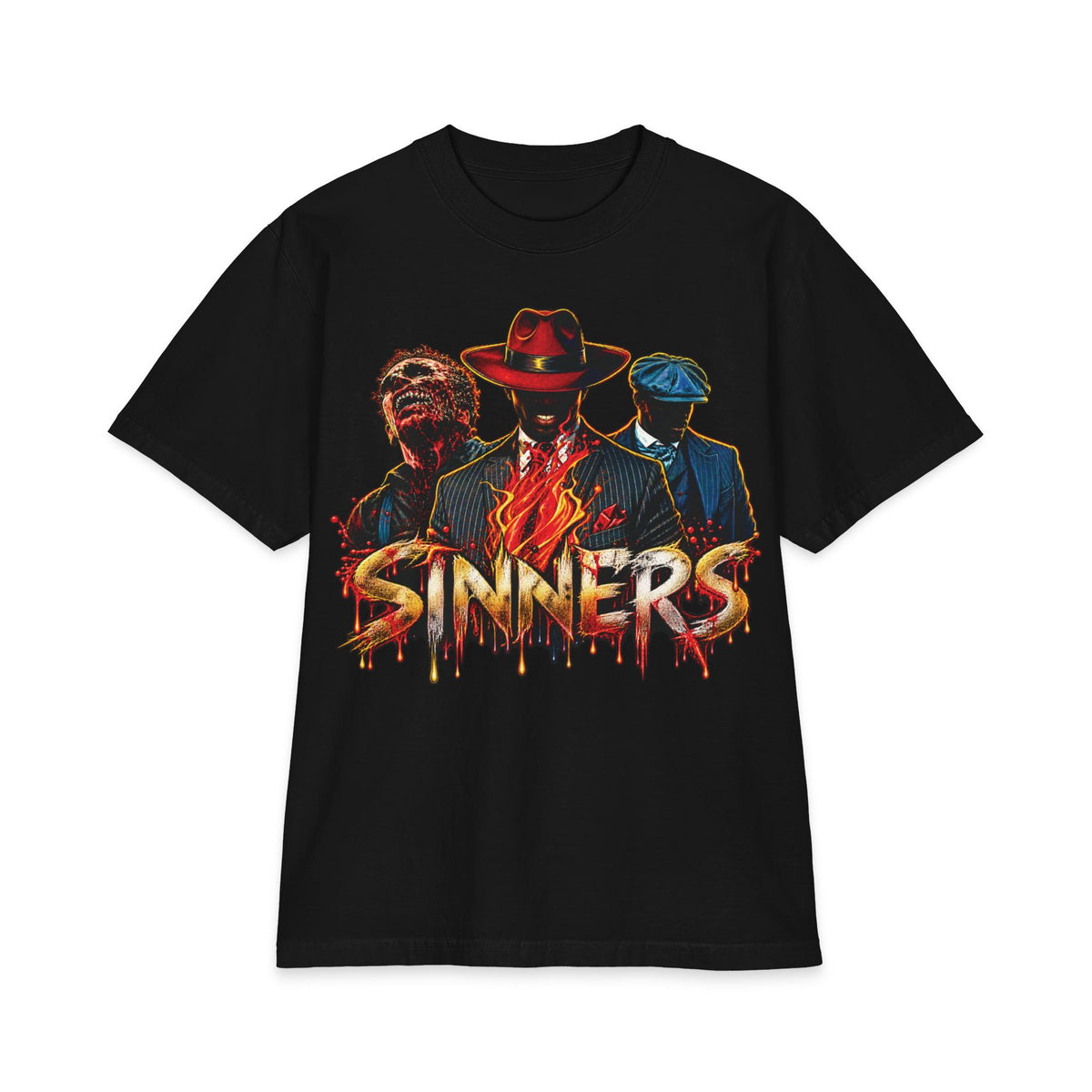 Sinners Mob Illustration T-Shirt | Sinners Flames Pinstripe Gang