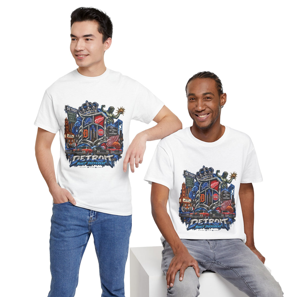 Detroit Skyline Collage T-Shirt | Motor City Landmarks, Vintage Neon Design