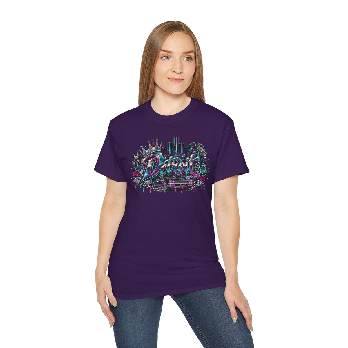 Detroit Nights skyline tee | Retro neon city palm trees graphic T-Shirt