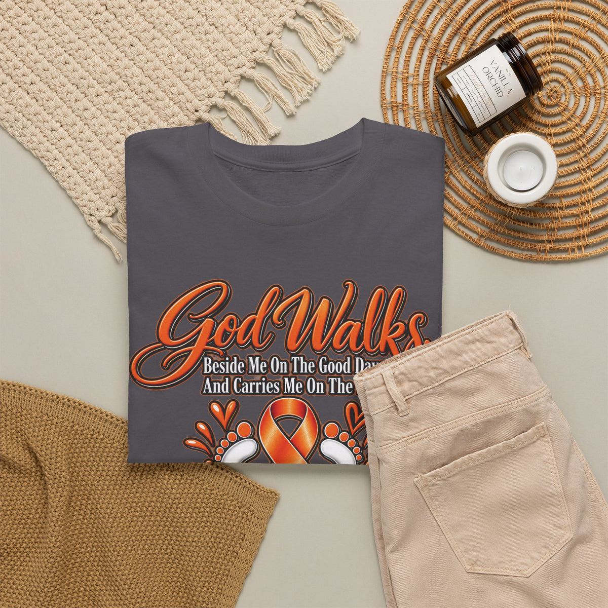 God Walks orange awareness ribbon T-Shirt | I'll Never Walk Alone, Faith Support