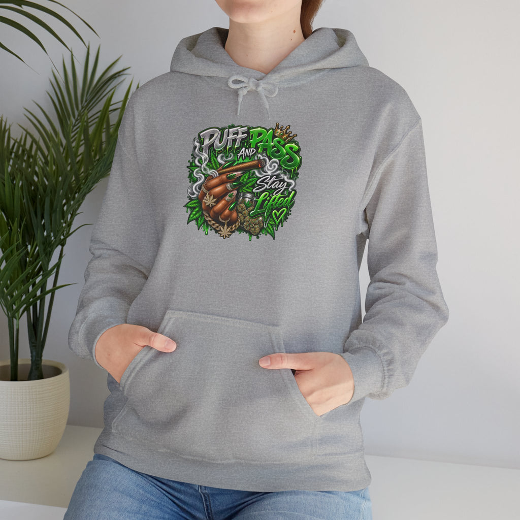 Puff Pass Stay Lifted Hoodie | Cannabis Leaf, Smoky Hand Illustration