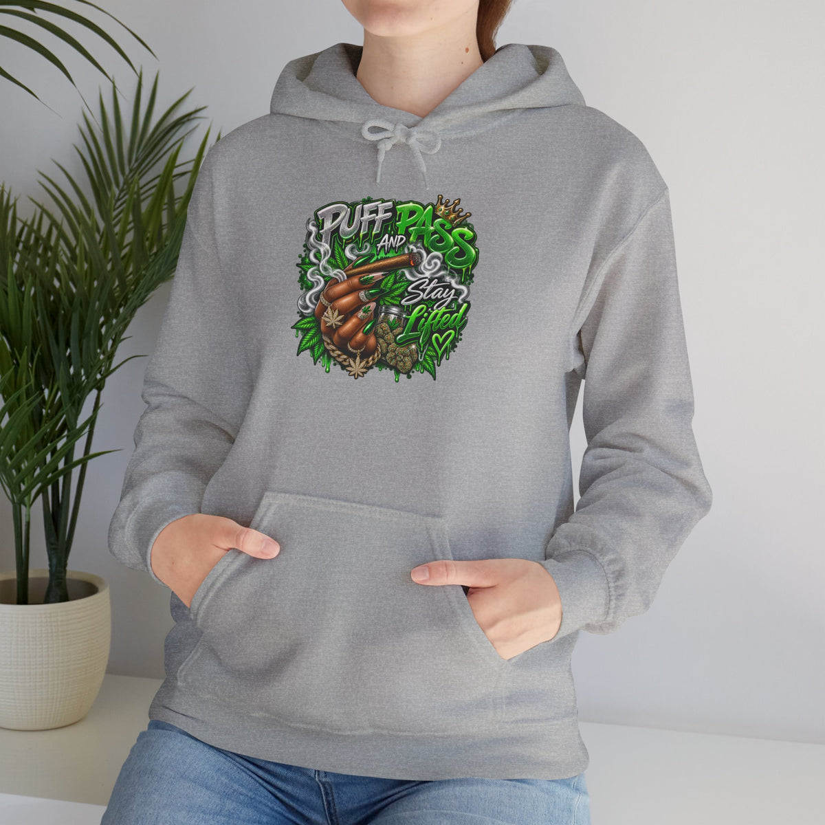 Puff Pass Stay Lifted Hoodie | Cannabis Leaf, Smoky Hand Illustration