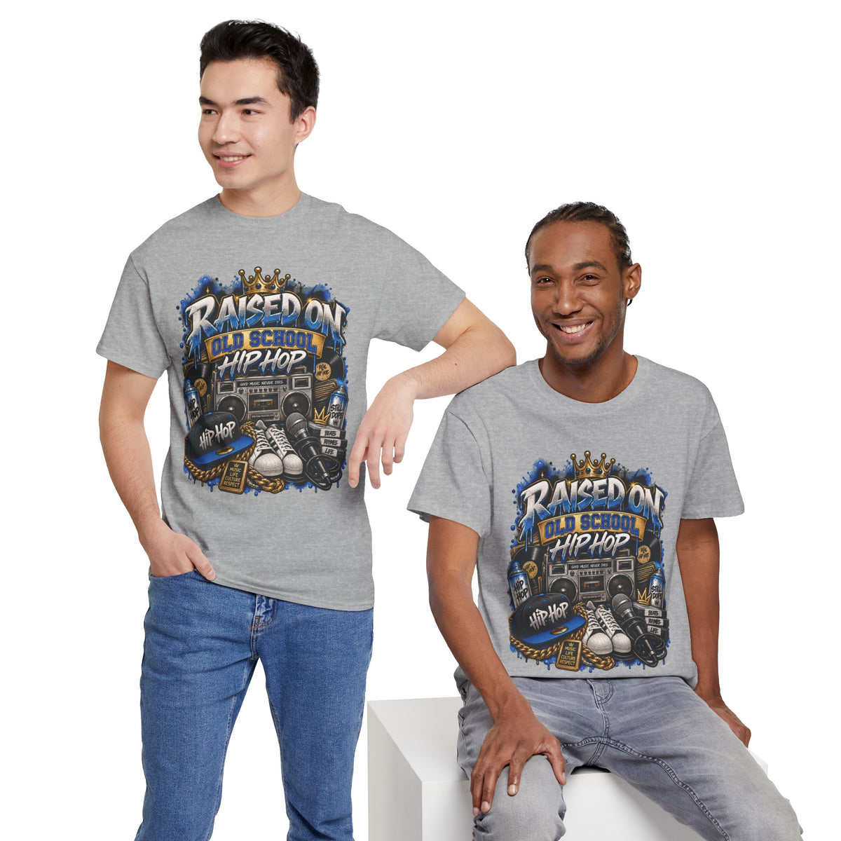 Raised On Old School Hip Hop T-Shirt | Retro Boombox Sneakers Crown Design