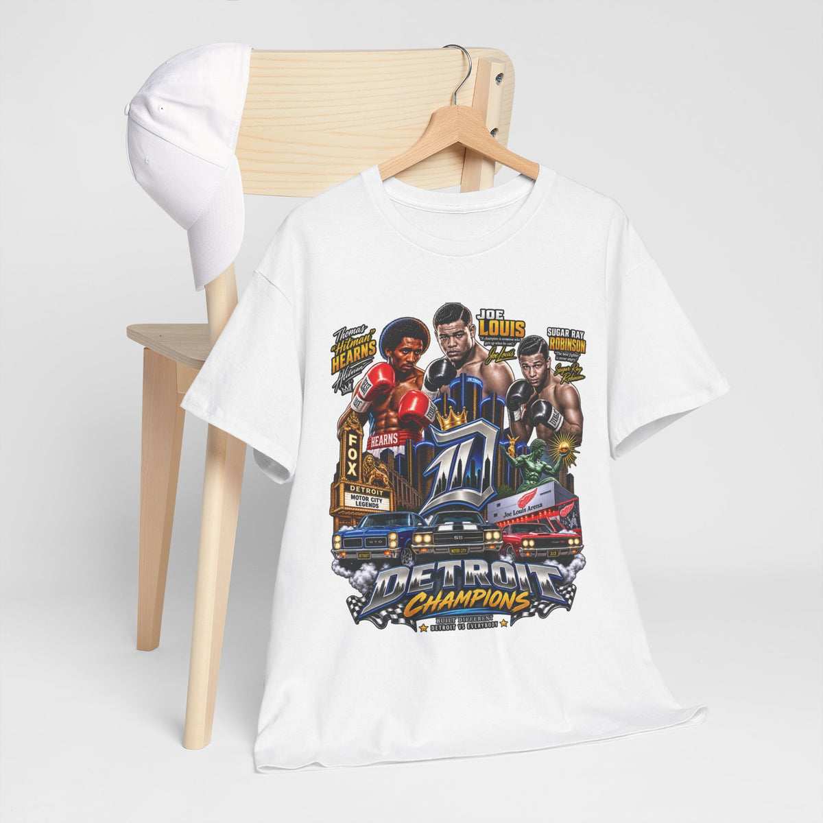 Detroit Champions T-Shirt | Motor City Boxing Legends, Classic Cars, City Skyline