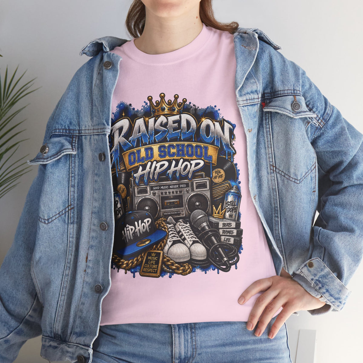 Raised On Old School Hip Hop T-Shirt | Retro Boombox Sneakers Crown Design