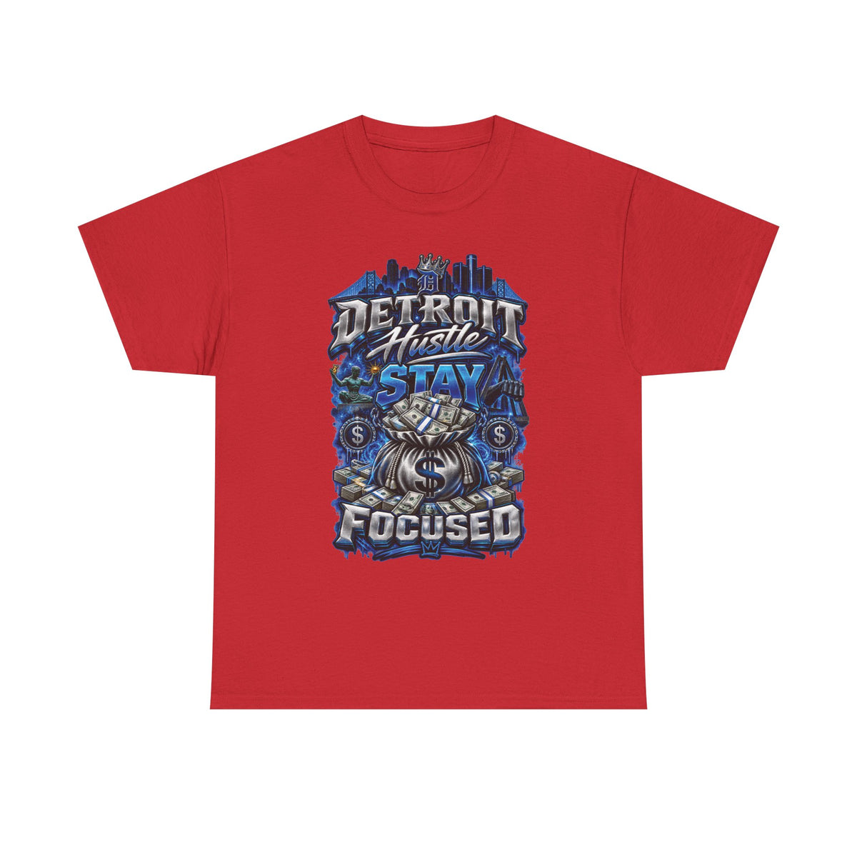 Detroit Hustle Stay Focused Tee | City Skyline, Money Bag Graphic