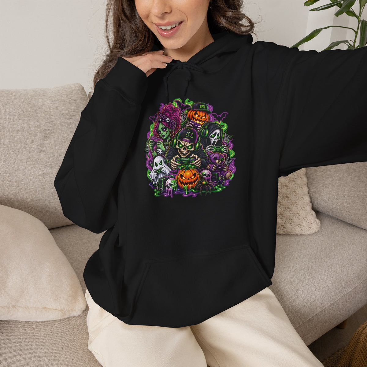 Spooky Halloween Skull Pumpkin Floral Hoodie | Haunted Garden Sweatshirt