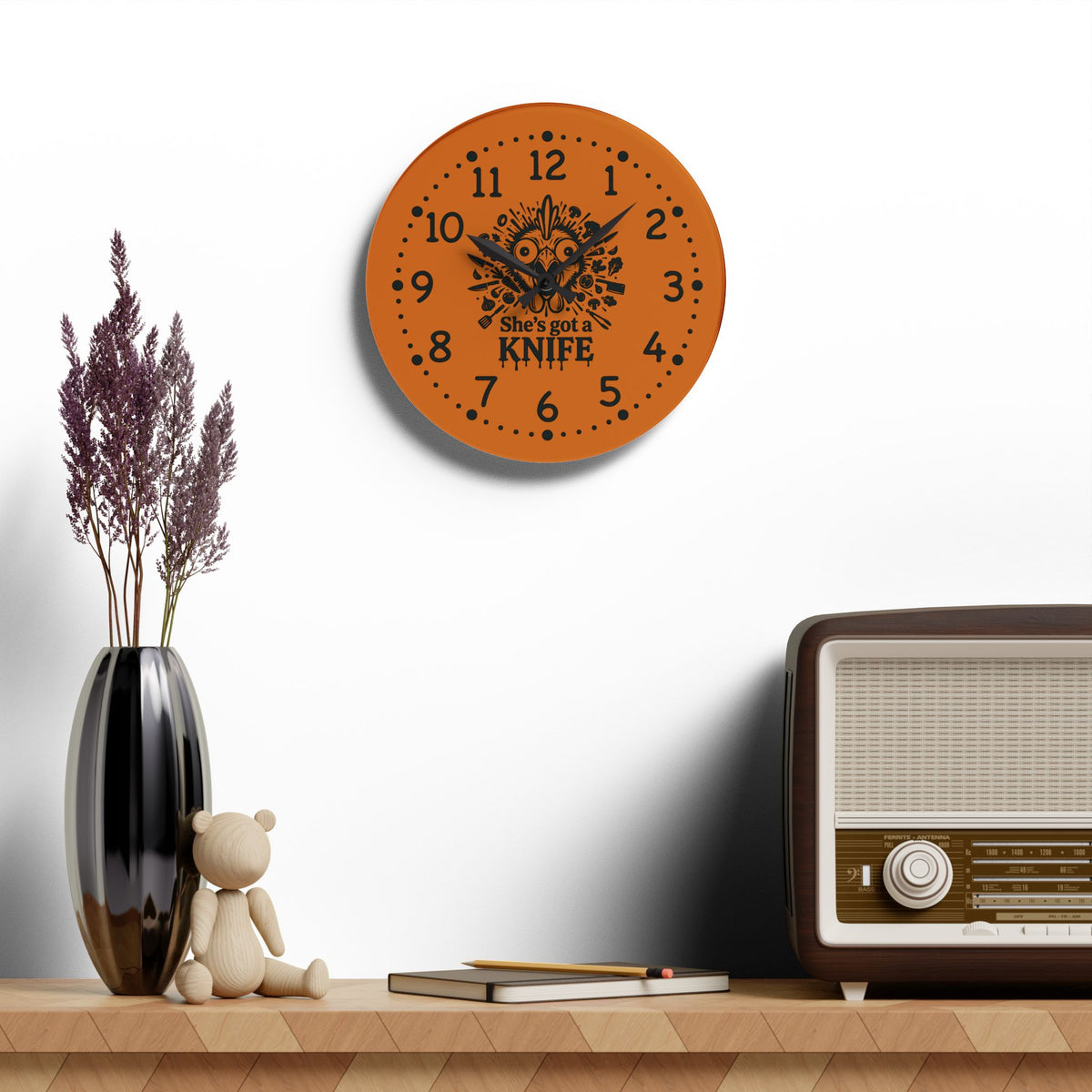 She got a knife acrylic wall clock | Halloween horror decor, orange skull design