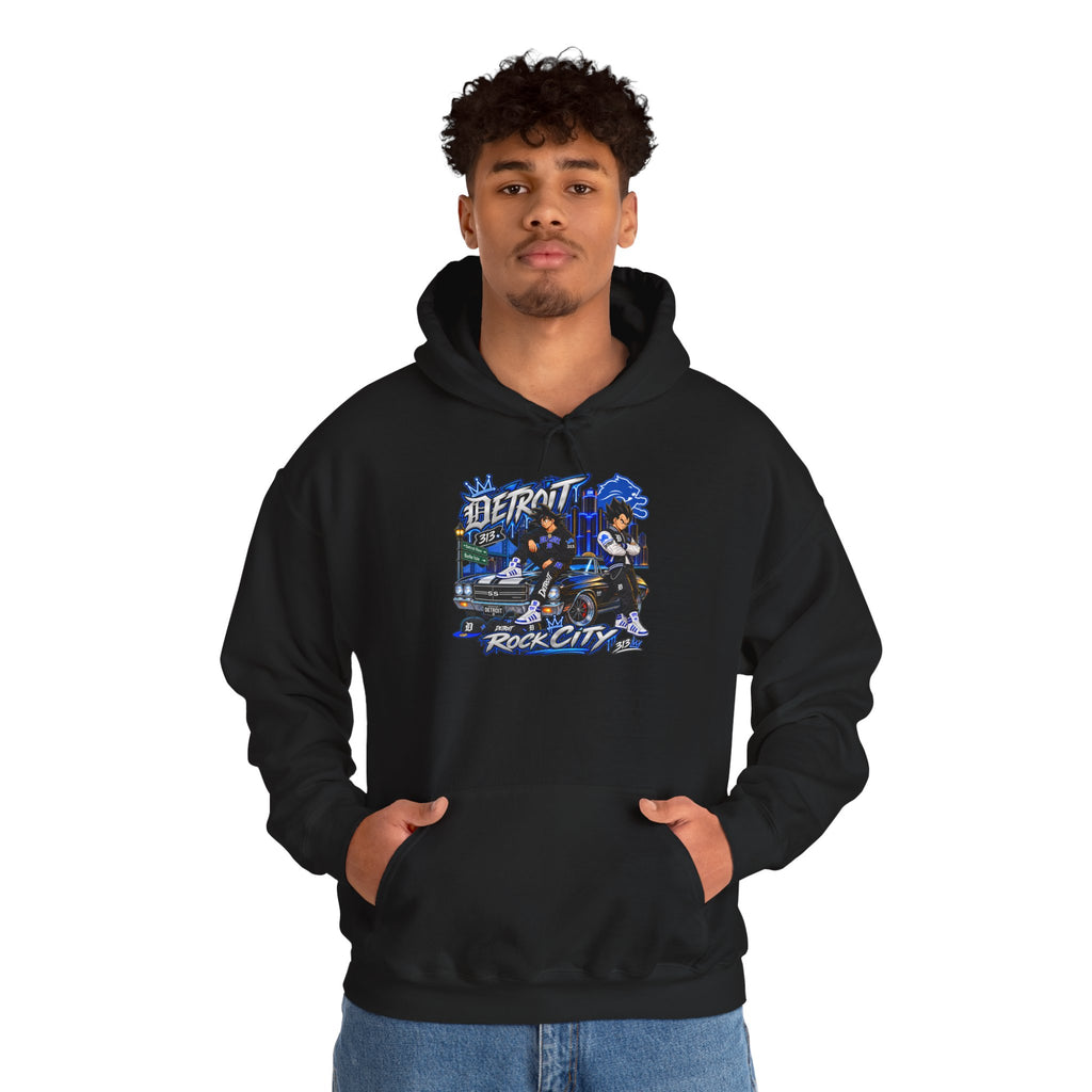Detroit Rock City hoodie | vintage city skyline, electric blue motorcycle design