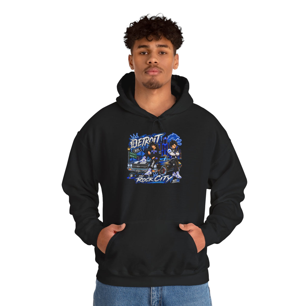 Detroit Rock City hoodie | vintage city skyline, electric blue motorcycle design