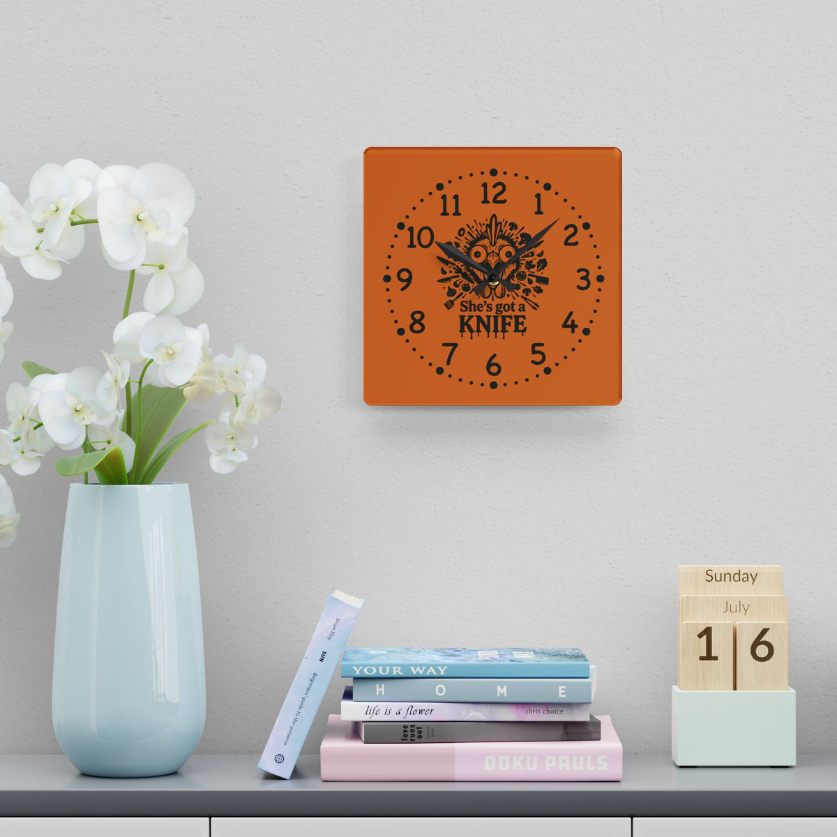 She got a knife acrylic wall clock | Halloween horror decor, orange skull design