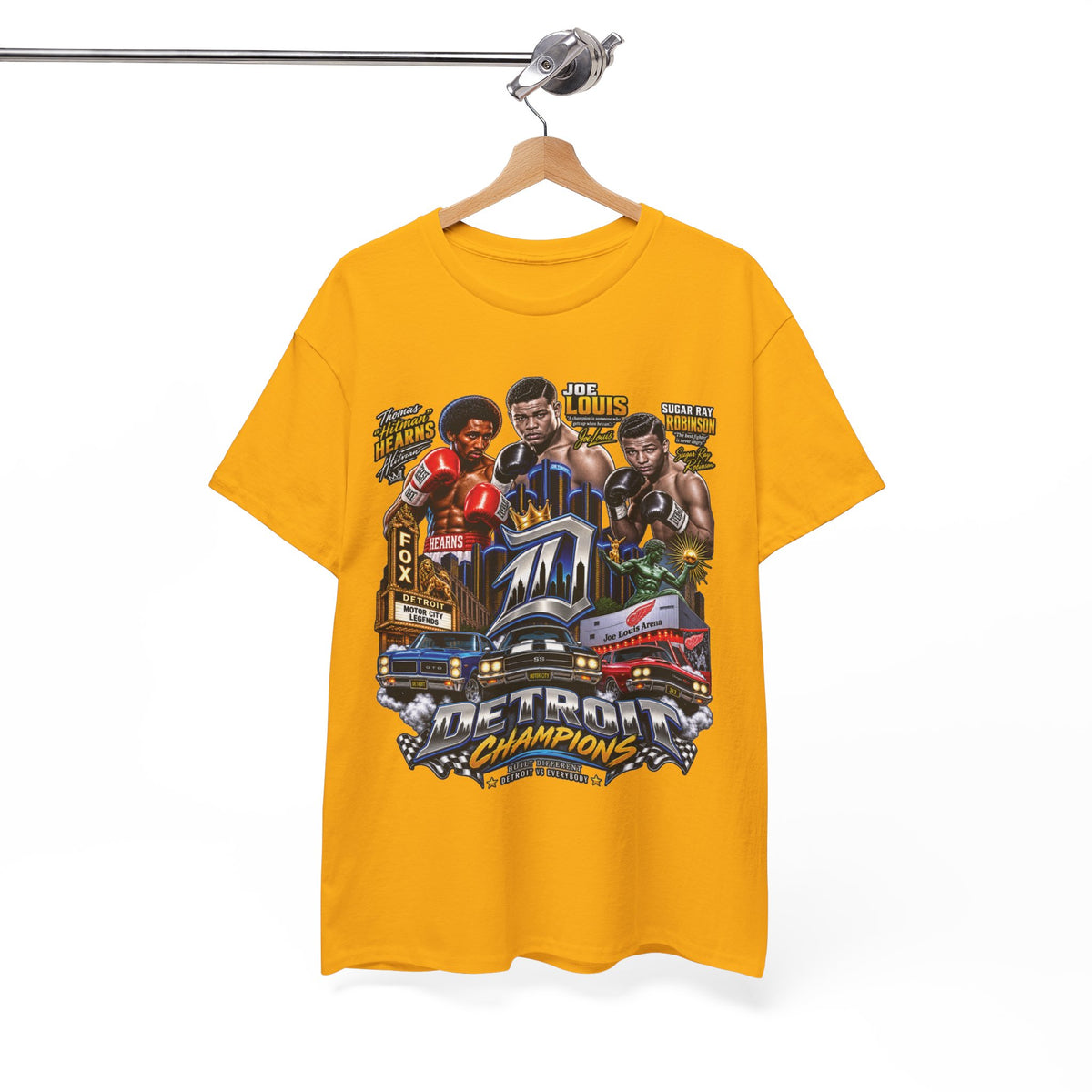 Detroit Champions T-Shirt | Motor City Boxing Legends, Classic Cars, City Skyline
