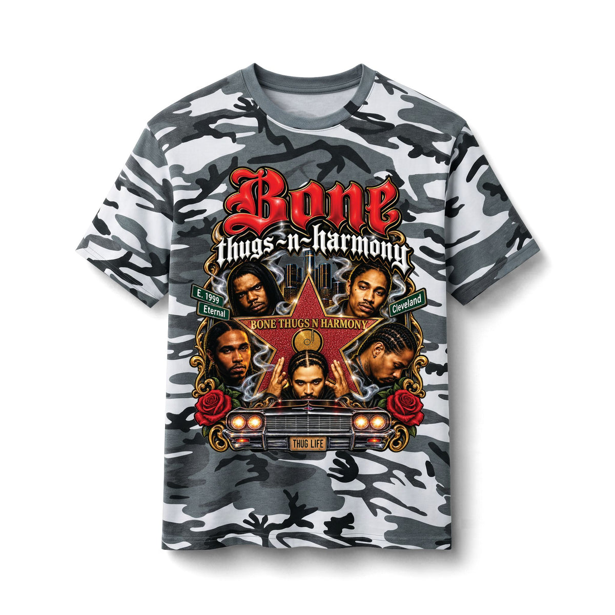 Bone Thugs-n-Harmony Skull Car Graphic Tee | Camo Cotton T-Shirt