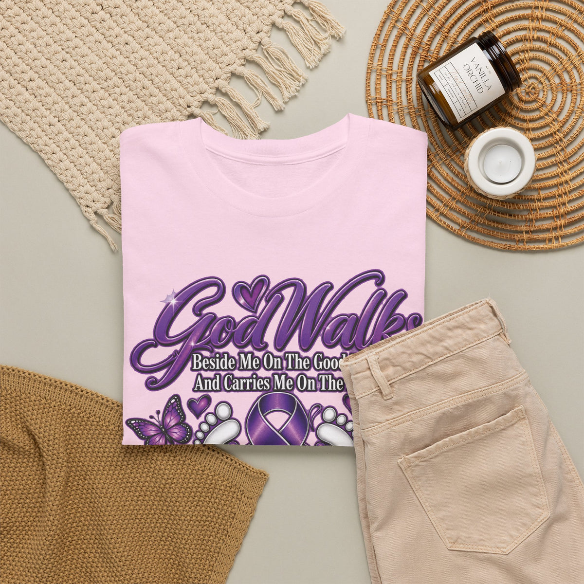 God Walks purple ribbon awareness T-Shirt | I'll Never Walk Alone design