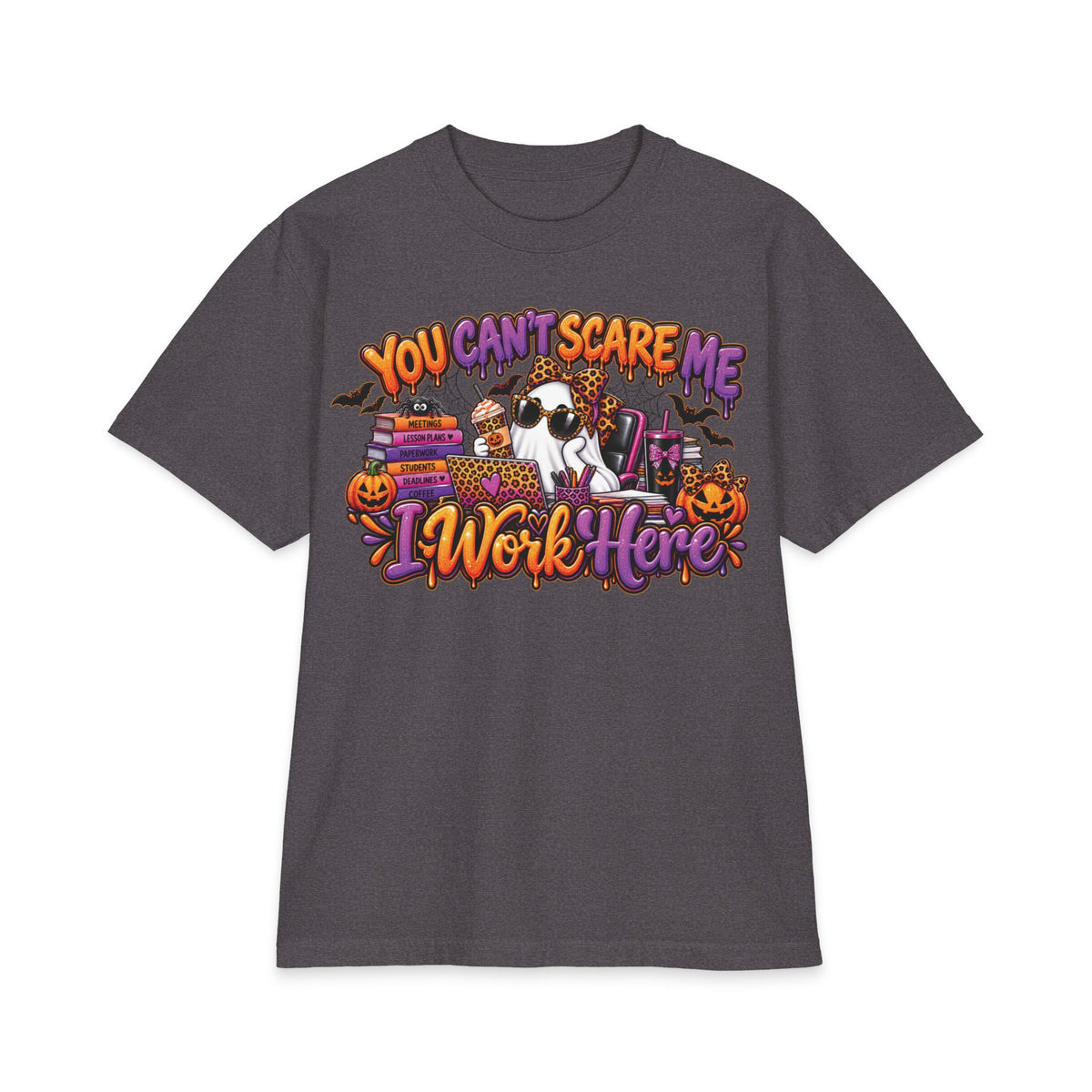 You Cant Scare Me I Work Here T-Shirt | Halloween Cow Pumpkin Graphic