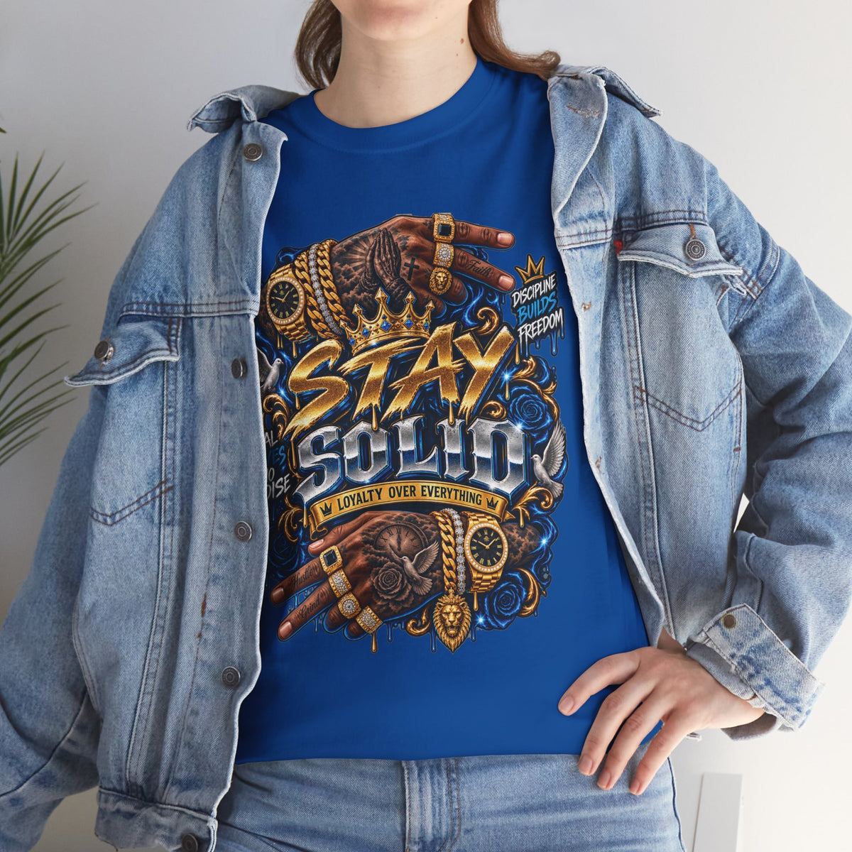 Stay Solid graphic tee | Urban street art typography, gold chain hands