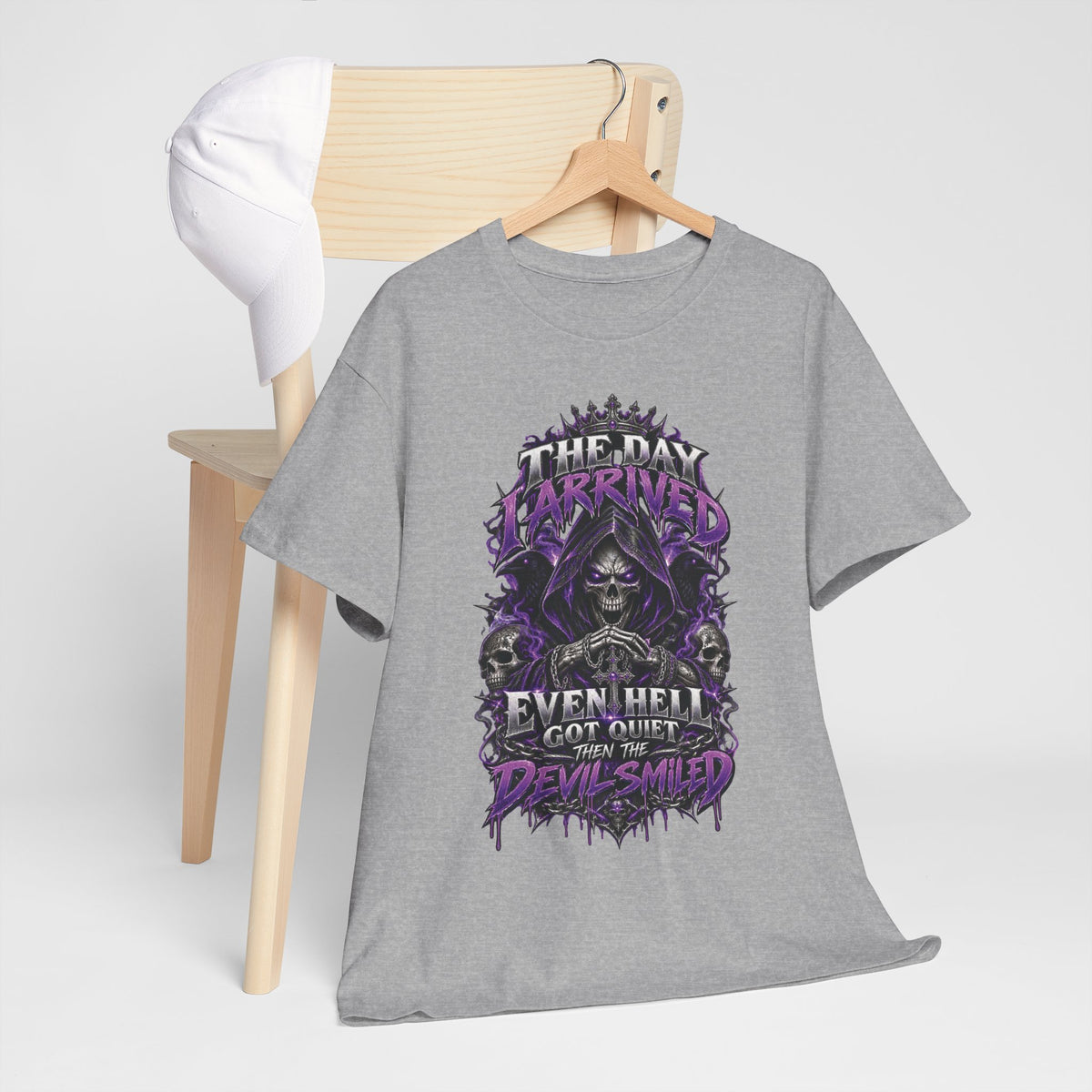 Grim Reaper Skull with Purple Flames T-Shirt | Gothic Death Quote Tee
