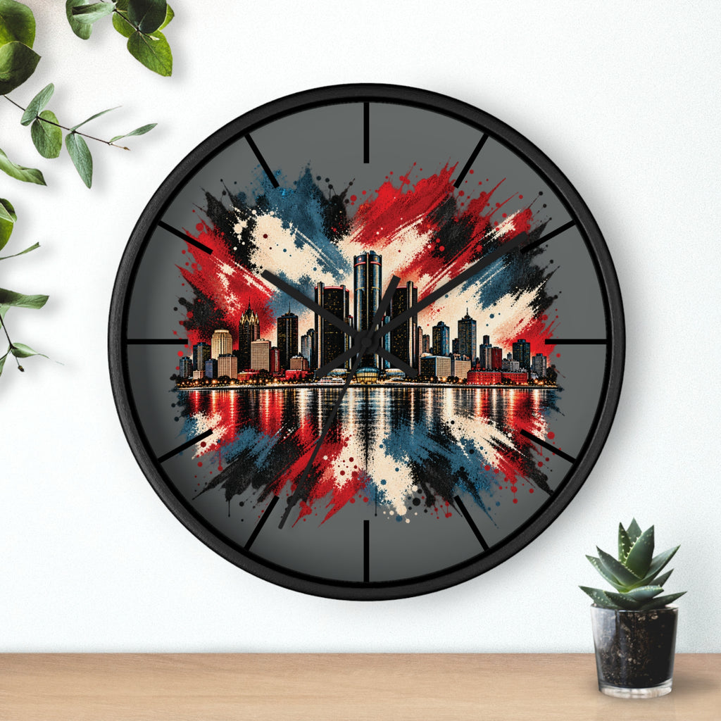 Urban Skyline Detroir Wall Clock – Red, White & Blue Cityscape Decor