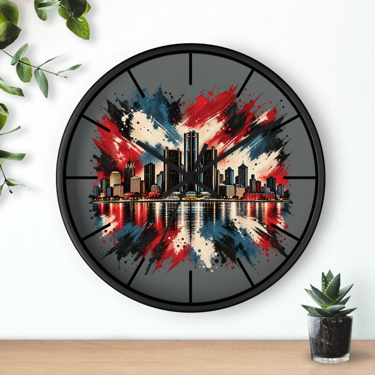 Urban Skyline Detroir Wall Clock – Red, White & Blue Cityscape Decor