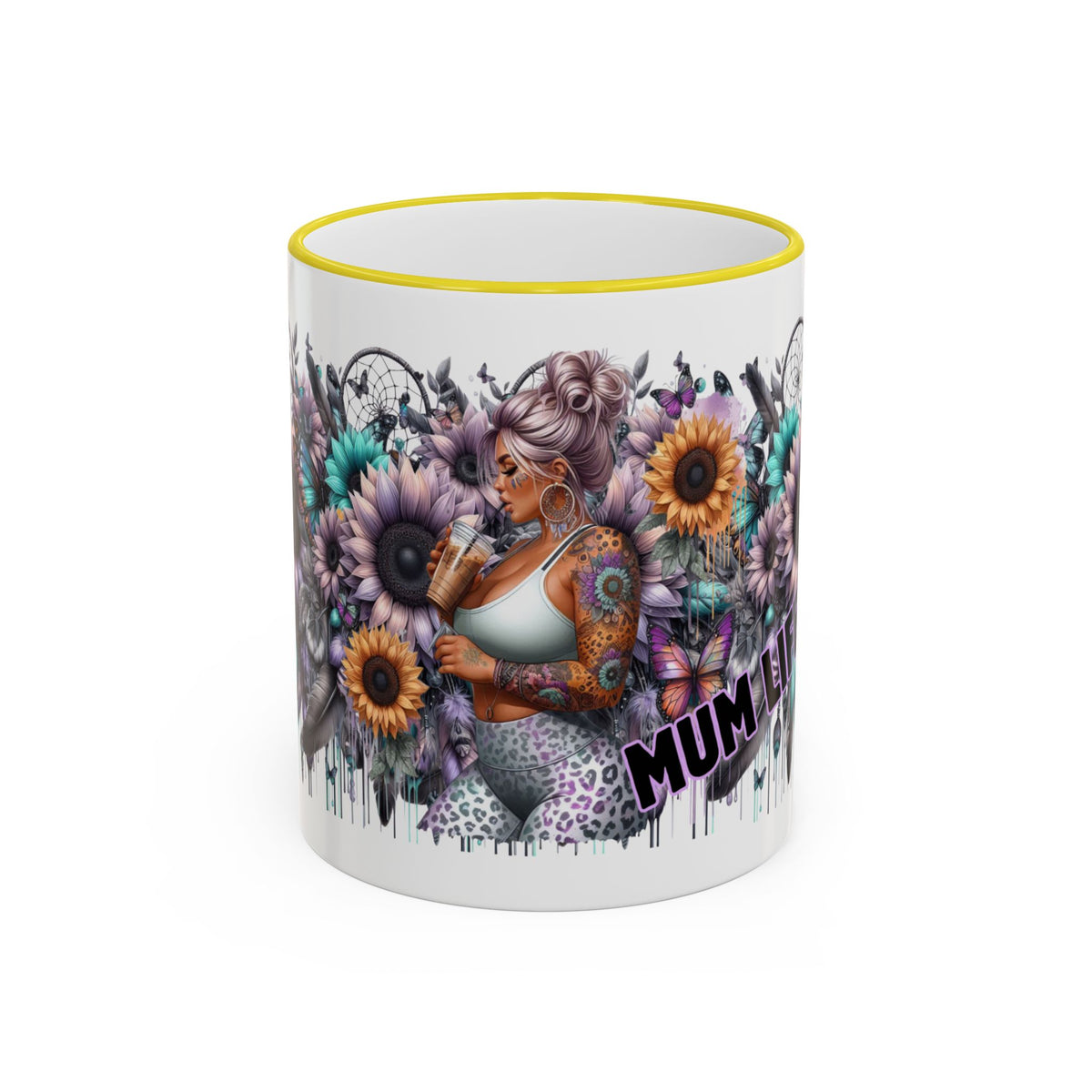 Tattooed Floral Skull Mum Mug | Accent Rim & Handle Ceramic Mug