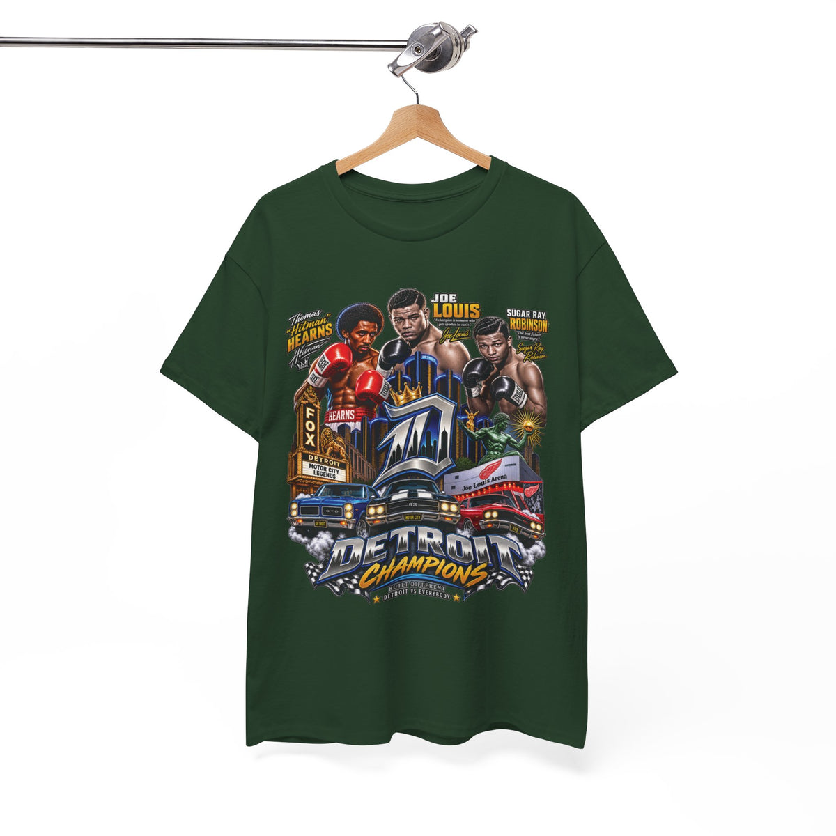 Detroit Champions T-Shirt | Motor City Boxing Legends, Classic Cars, City Skyline