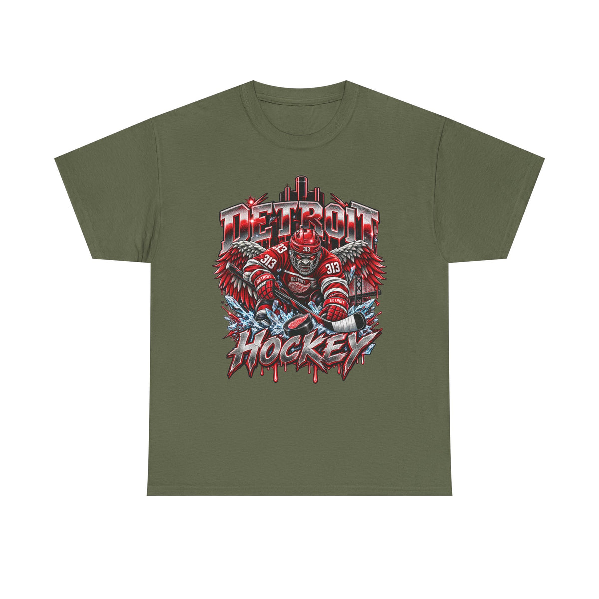 Detroit Hockey Player Graphic Tee | Metro Skyline, Winged Mascot