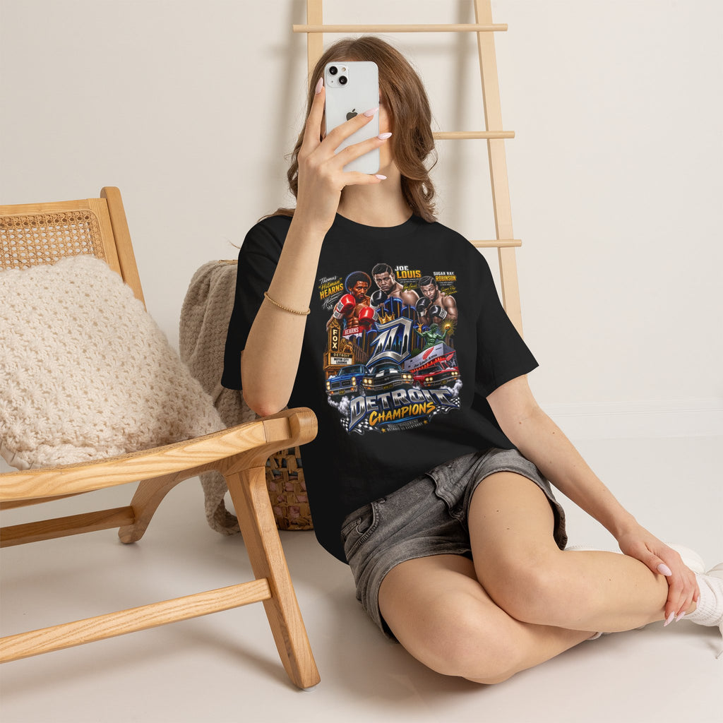 Detroit Champions T-Shirt | Motor City Boxing Legends, Classic Cars, City Skyline
