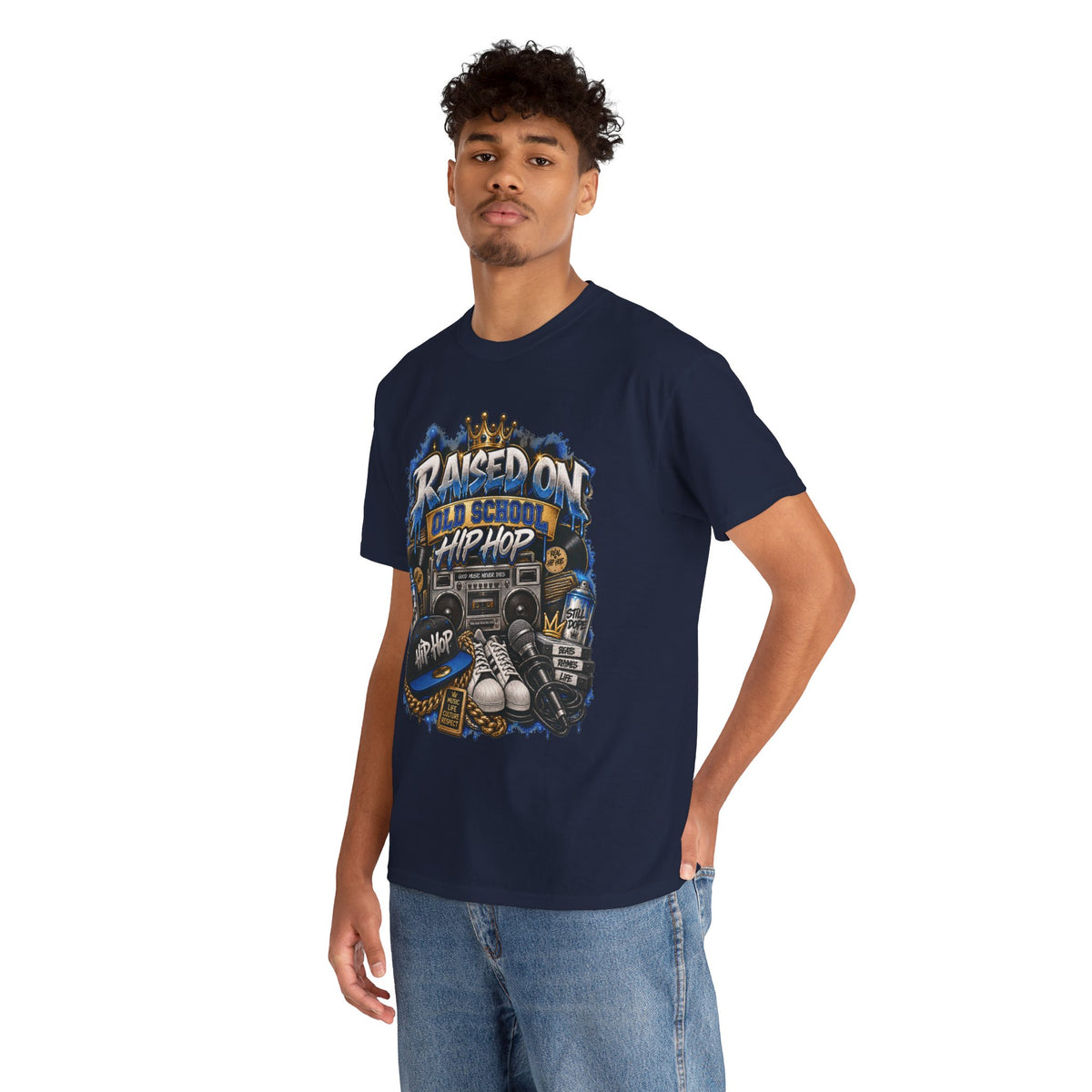 Raised On Old School Hip Hop T-Shirt | Retro Boombox Sneakers Crown Design