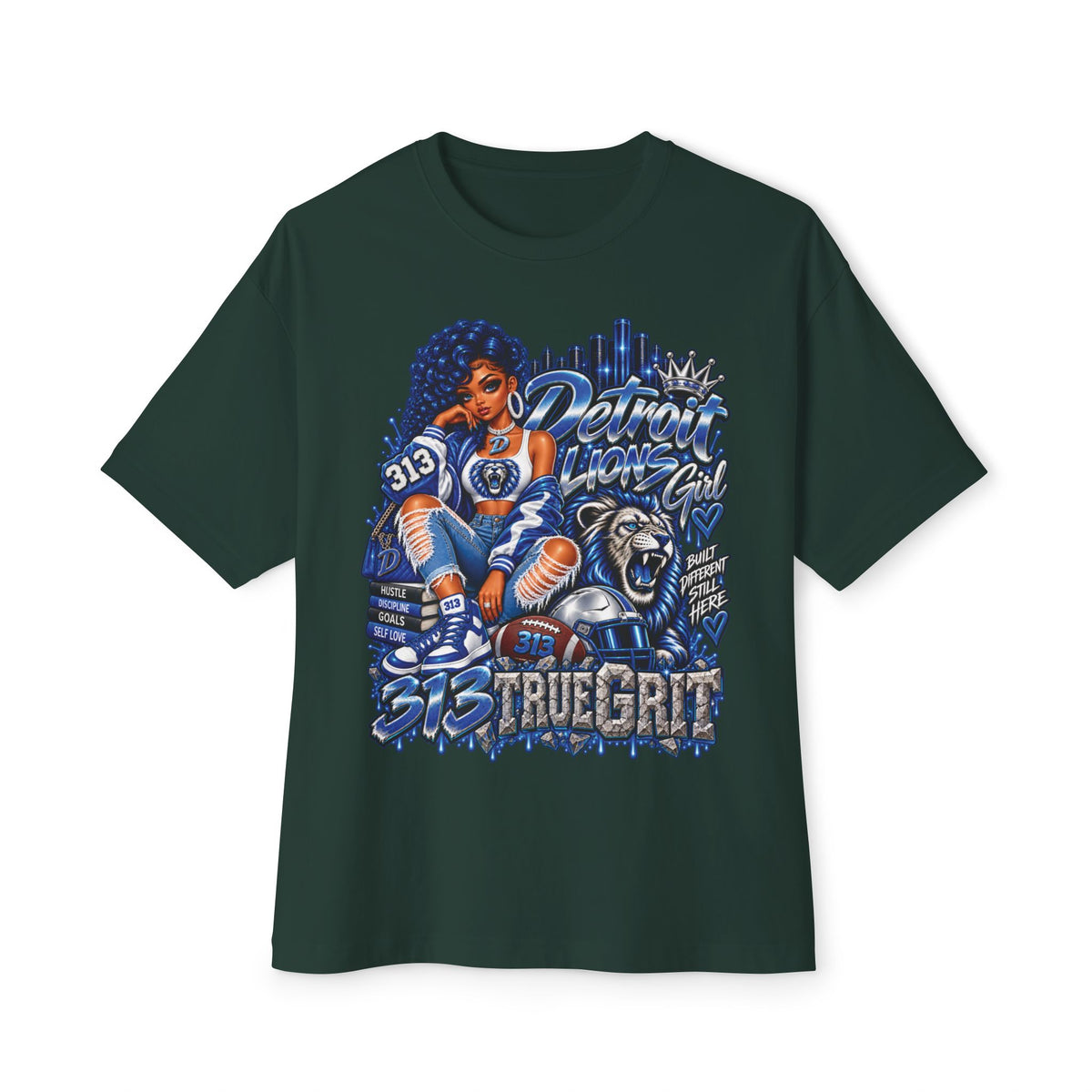 Lions Detroit City Grit tee | Motor City skyline, 313, sneaker and bulldog illustration