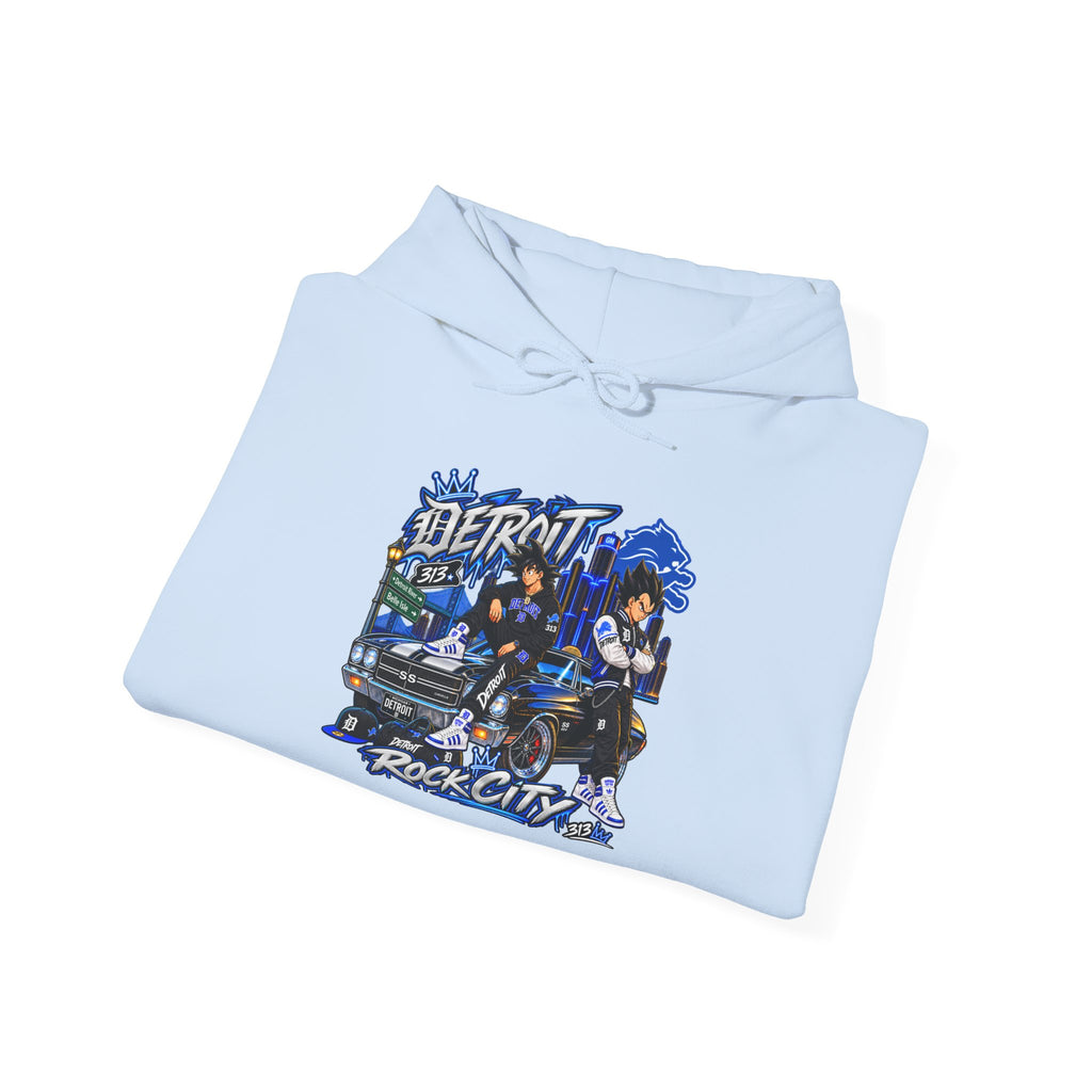 Detroit Rock City hoodie | vintage city skyline, electric blue motorcycle design
