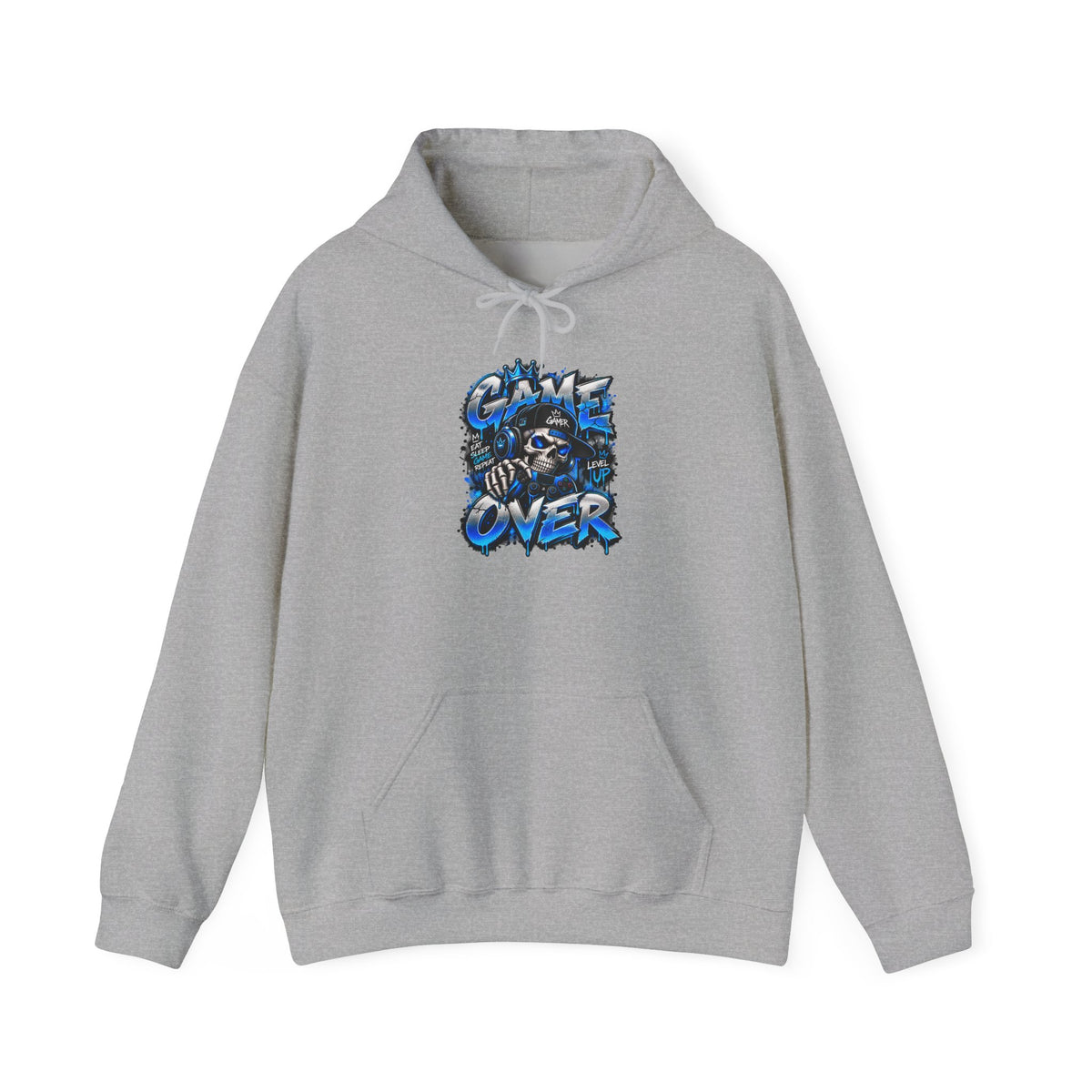 Game Over Skull hoodie | Gaming Graphic Sweatshirt, Blue Grunge Design