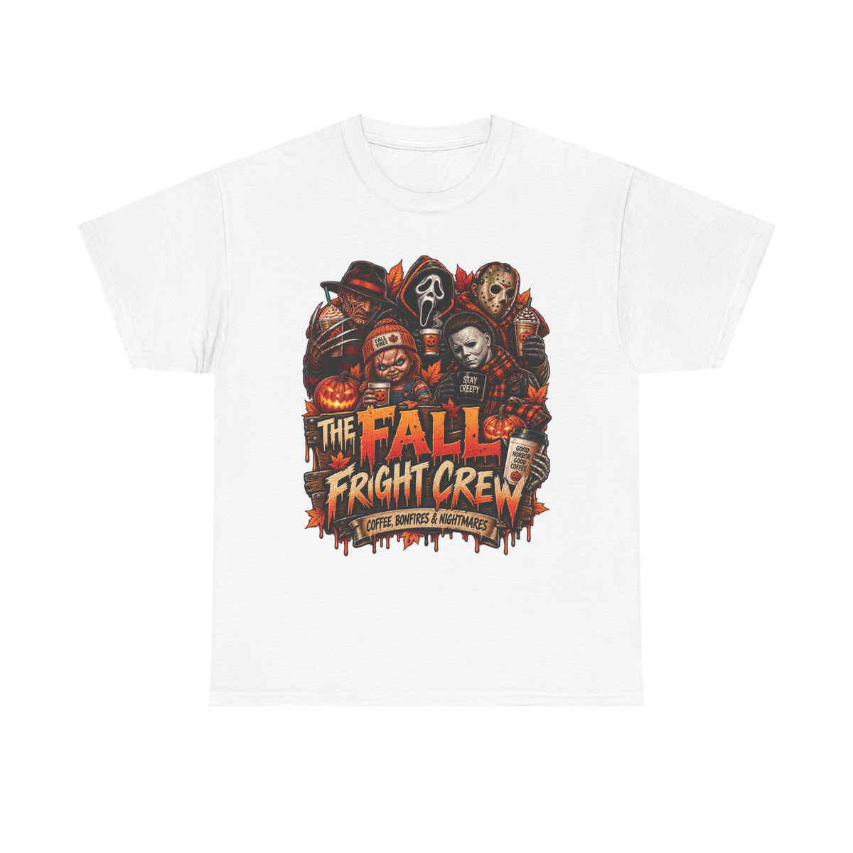 Fall Fright Crew Horror Characters Tee | Halloween Scary Movie Mask Design
