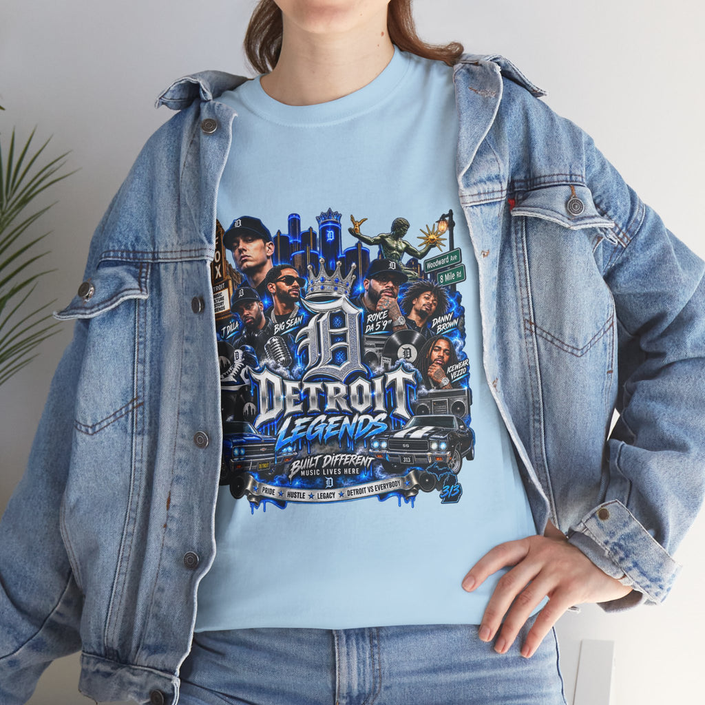Detroit Legends collage T-Shirt | Motor City skyline, classic cars, musicians