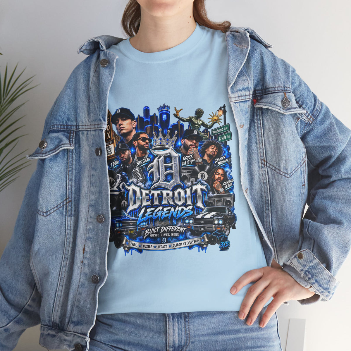 Detroit Legends collage T-Shirt | Motor City skyline, classic cars, musicians