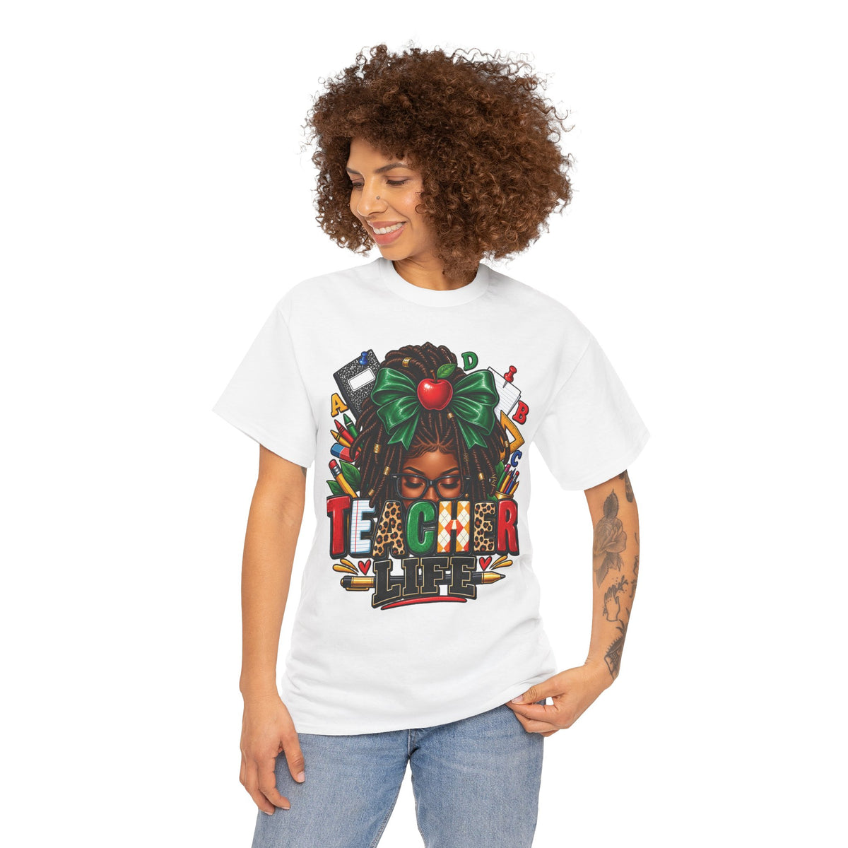 Teacher Life T-Shirt | Black Woman Teacher Illustration, Apple & School Supplies