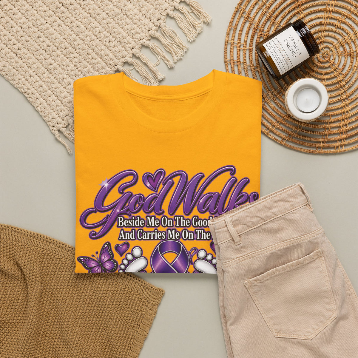 God Walks purple ribbon awareness T-Shirt | I'll Never Walk Alone design