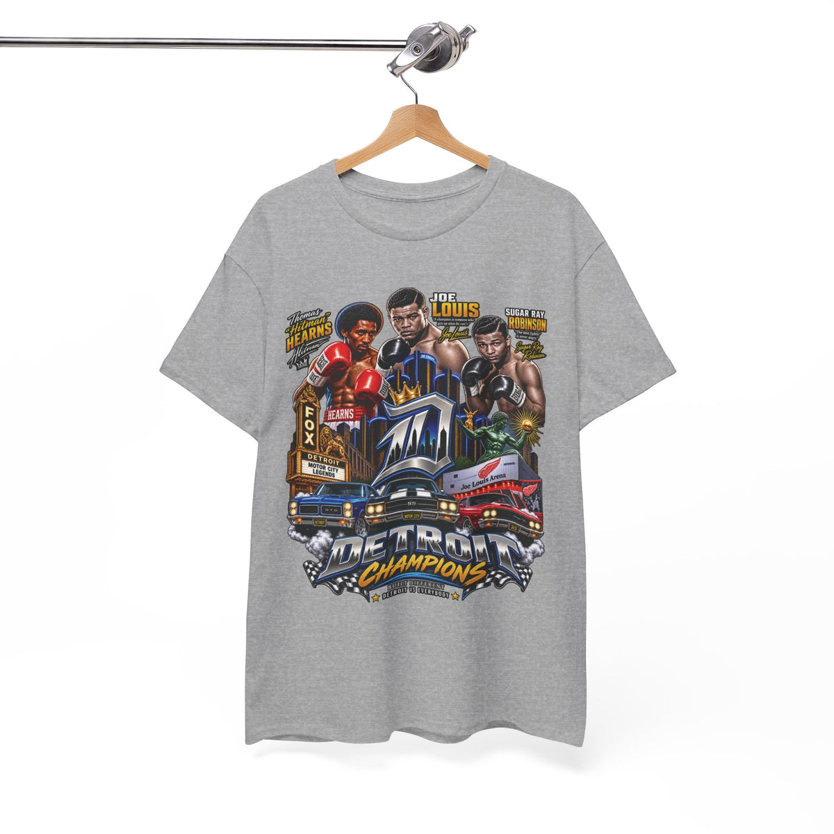 Detroit Champions T-Shirt | Motor City Boxing Legends, Classic Cars, City Skyline