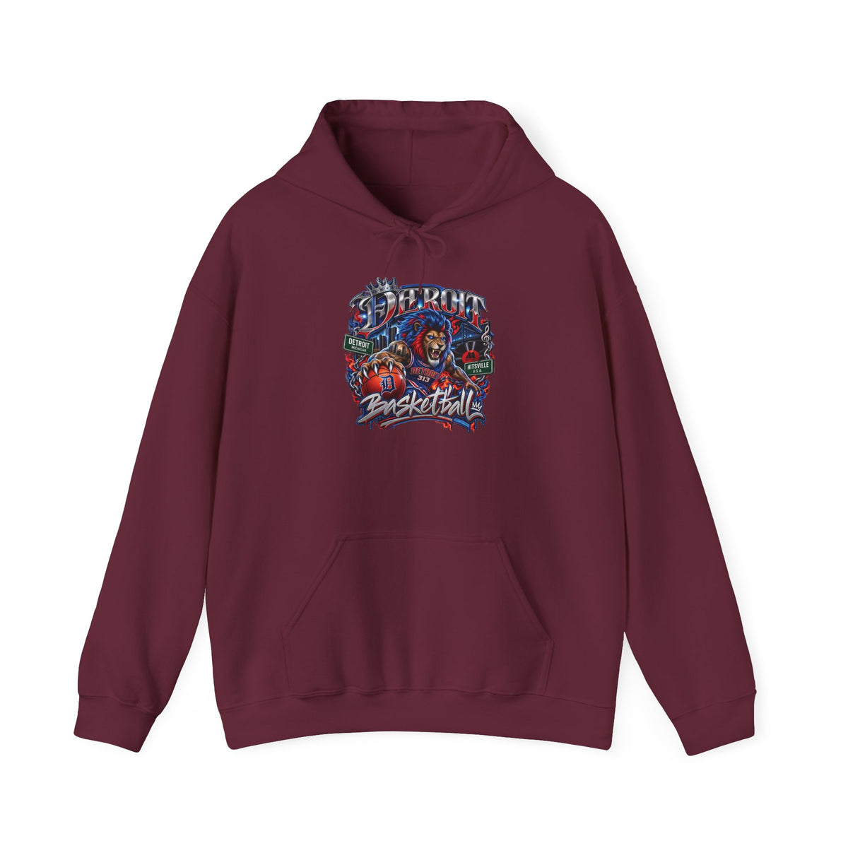 Detroit Basketball Graphic Hoodie | Vintage City Sports Logo, Front Collage Art