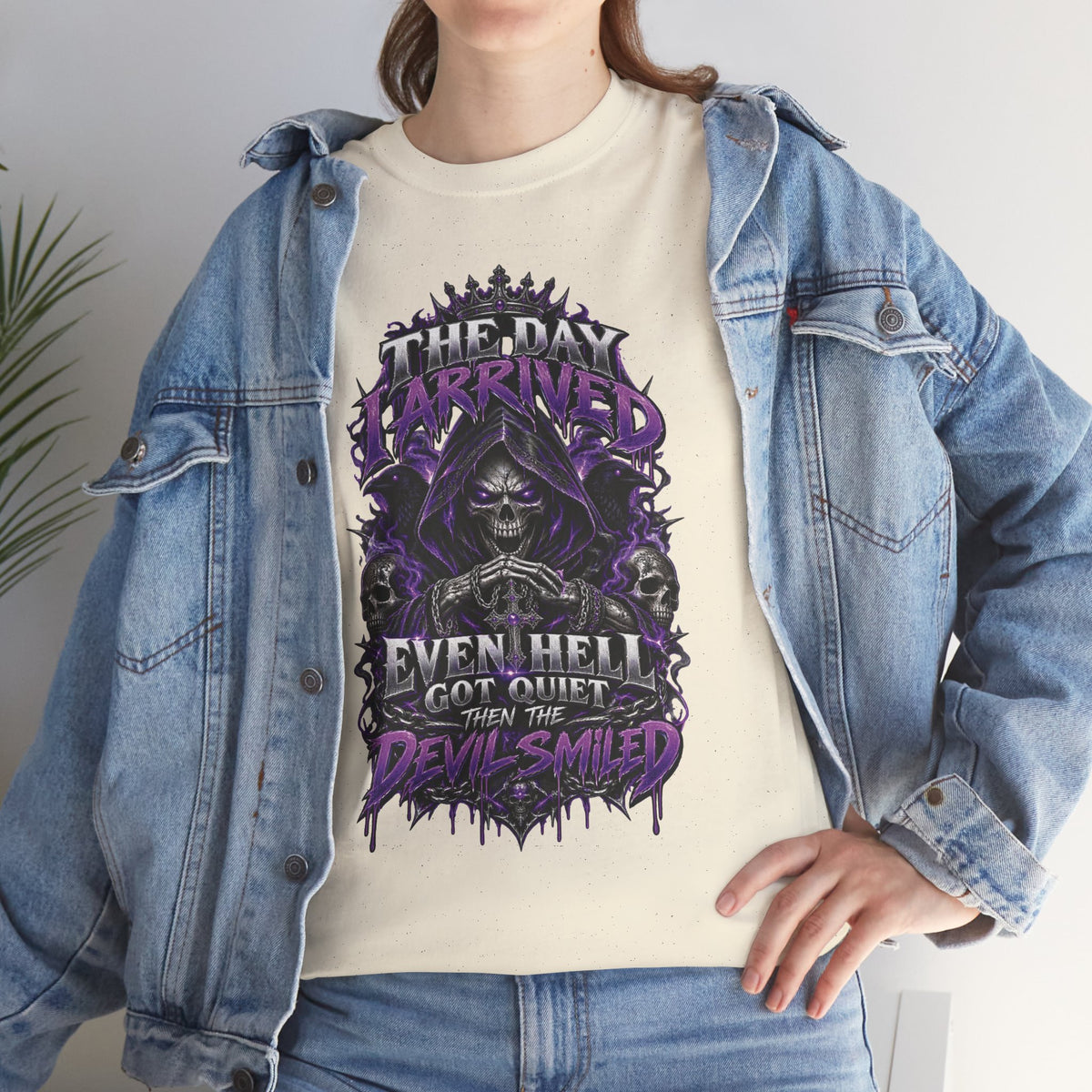 Grim Reaper Skull with Purple Flames T-Shirt | Gothic Death Quote Tee