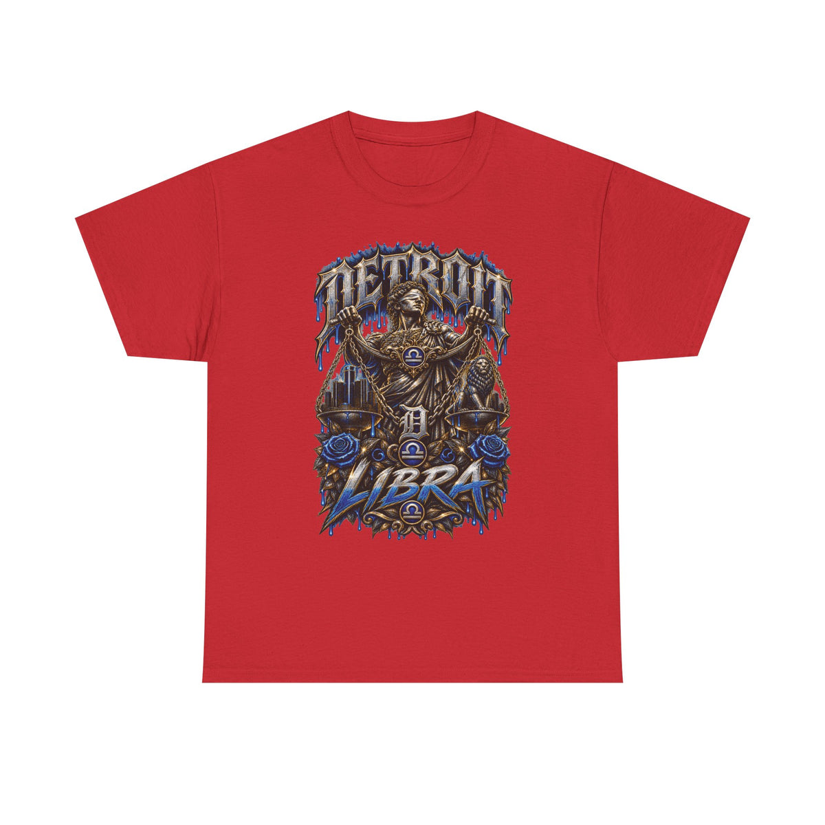 Detroit Libra T-Shirt | Skull Scales, Blue Roses, Zodiac Design